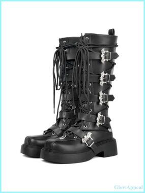 Womens Goth Platform Mid Calf Combat Boots Lace Up Zip Punk Shoes